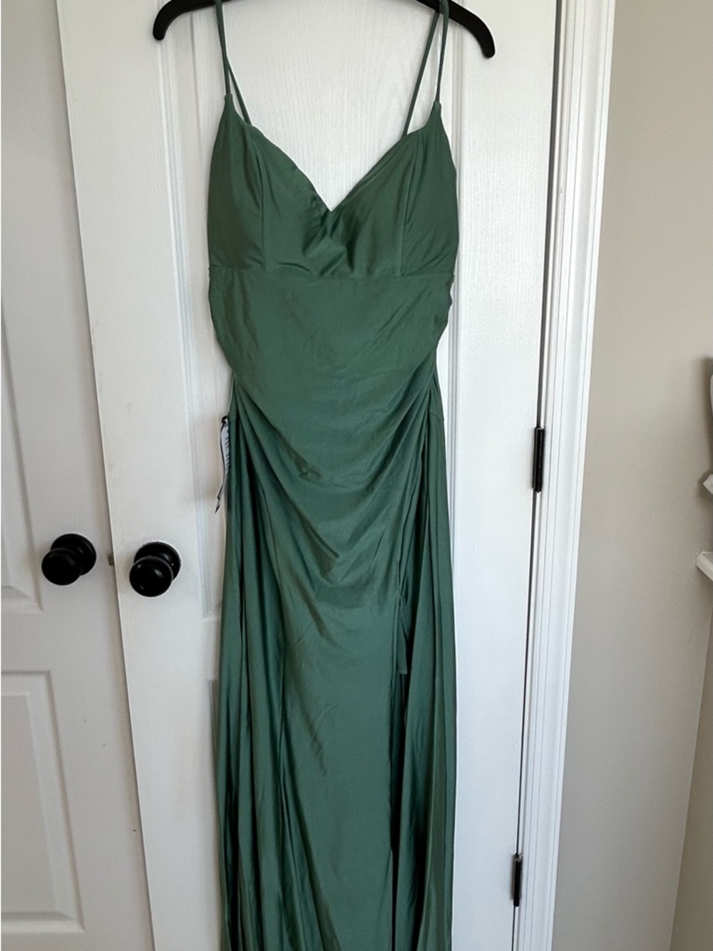 Emerald Sundae Olive Green Ruched Maxi Slip Dress